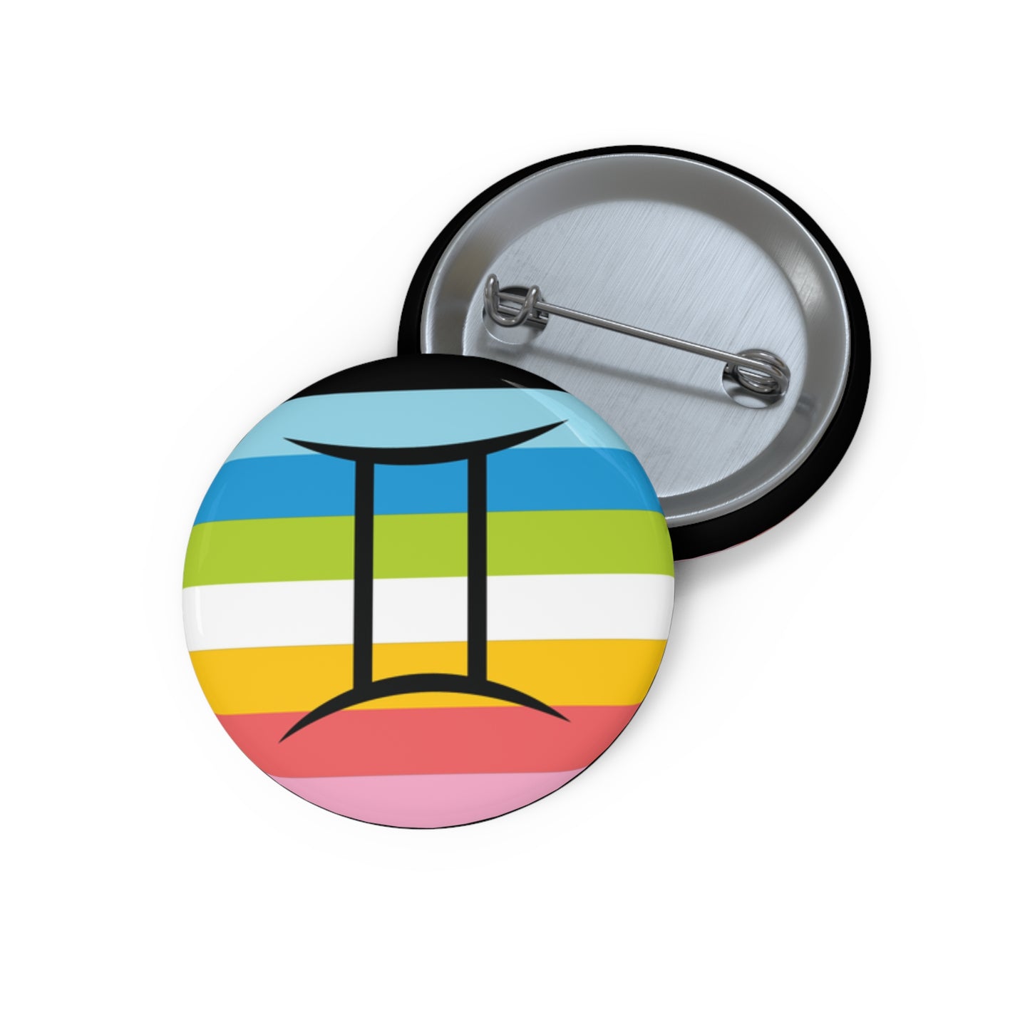 Front and back view of a circular queer pride flag button featuring the Gemini zodiac symbol in black centered on the front.