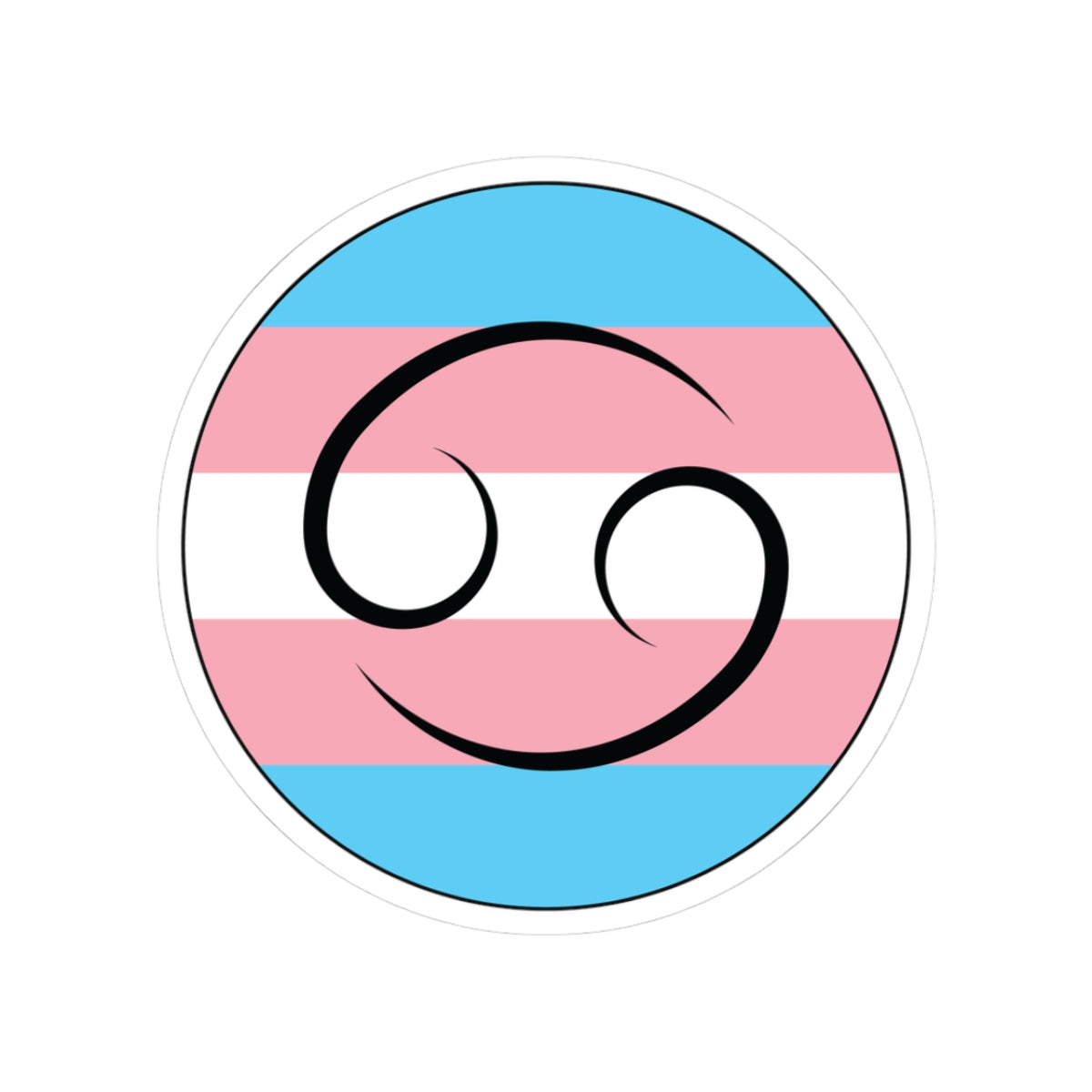 Circular transgender pride flag zodiac sticker with a thin black outline and white sticker border, featuring a centered black Cancer zodiac glyph. The sticker is shown on a white background.