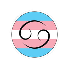 Circular transgender pride flag zodiac sticker with a thin black outline and white sticker border, featuring a centered black Cancer zodiac glyph. The sticker is shown on a white background.