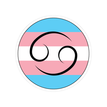 Circular transgender pride flag zodiac sticker with a thin black outline and white sticker border, featuring a centered black Cancer zodiac glyph. The sticker is shown on a white background.