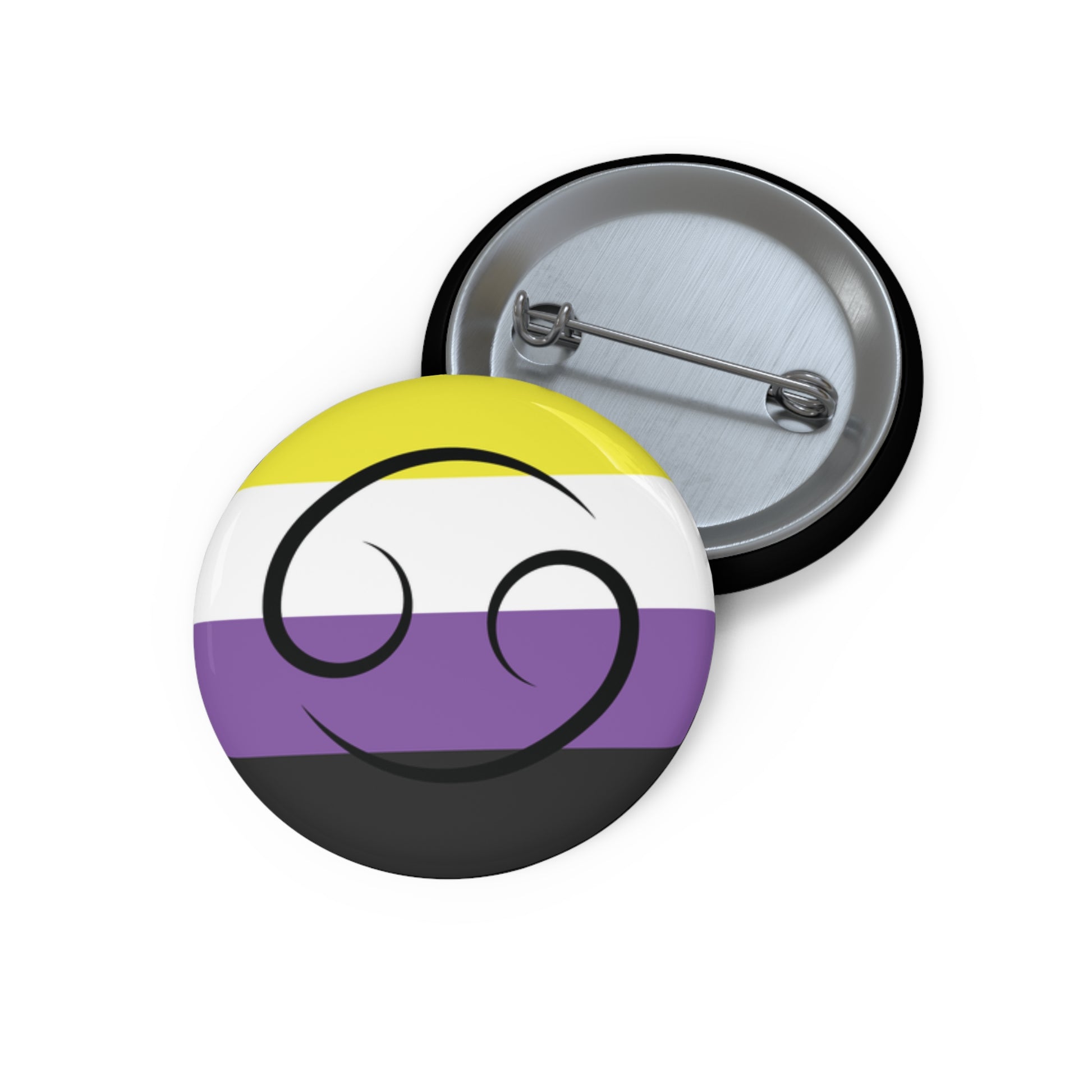 Front and back view of a circular nonbinary pride flag button featuring the Cancer zodiac symbol in black centered on the front.