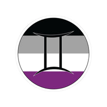 Circular asexual pride flag zodiac sticker with a thin black outline and white sticker border, featuring a centered black Gemini zodiac glyph. The sticker is shown on a white background.