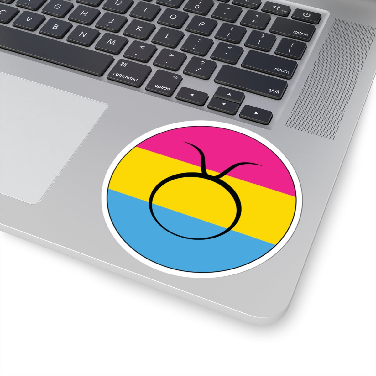 Close-up of the bottom right corner of a silver laptop featuring a 4 inch by 4 inch circular zodiac sticker with a centered Taurus glyph on a Pansexual pride flag style background applied to the surface.