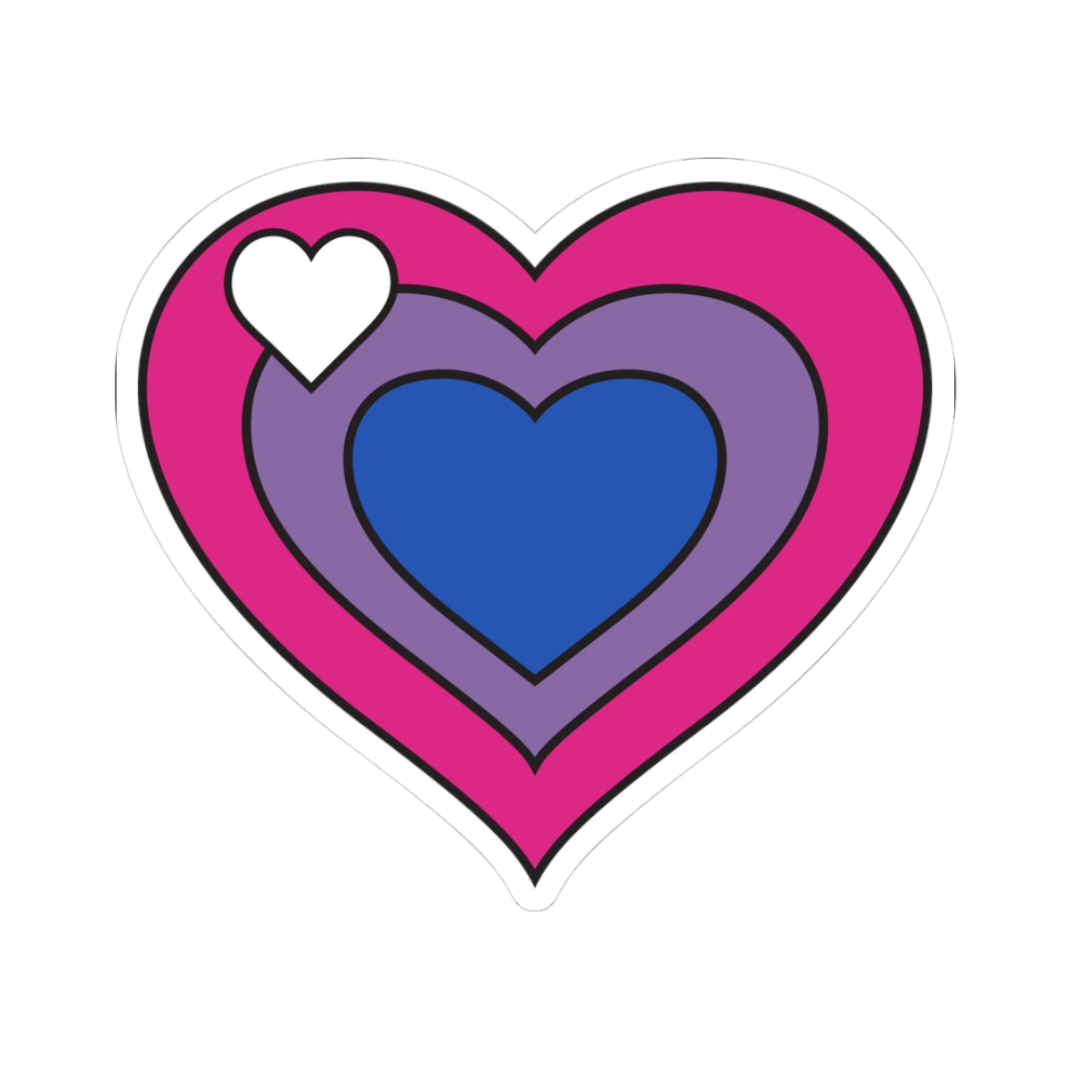 Heart-shaped biromantic pride flag sticker featuring nested heart stripes in dark pink, lavender, and blue, with a small white heart on the left side of the sticker - outlined with a thin black border and a white sticker border. The sticker is shown on a white background.