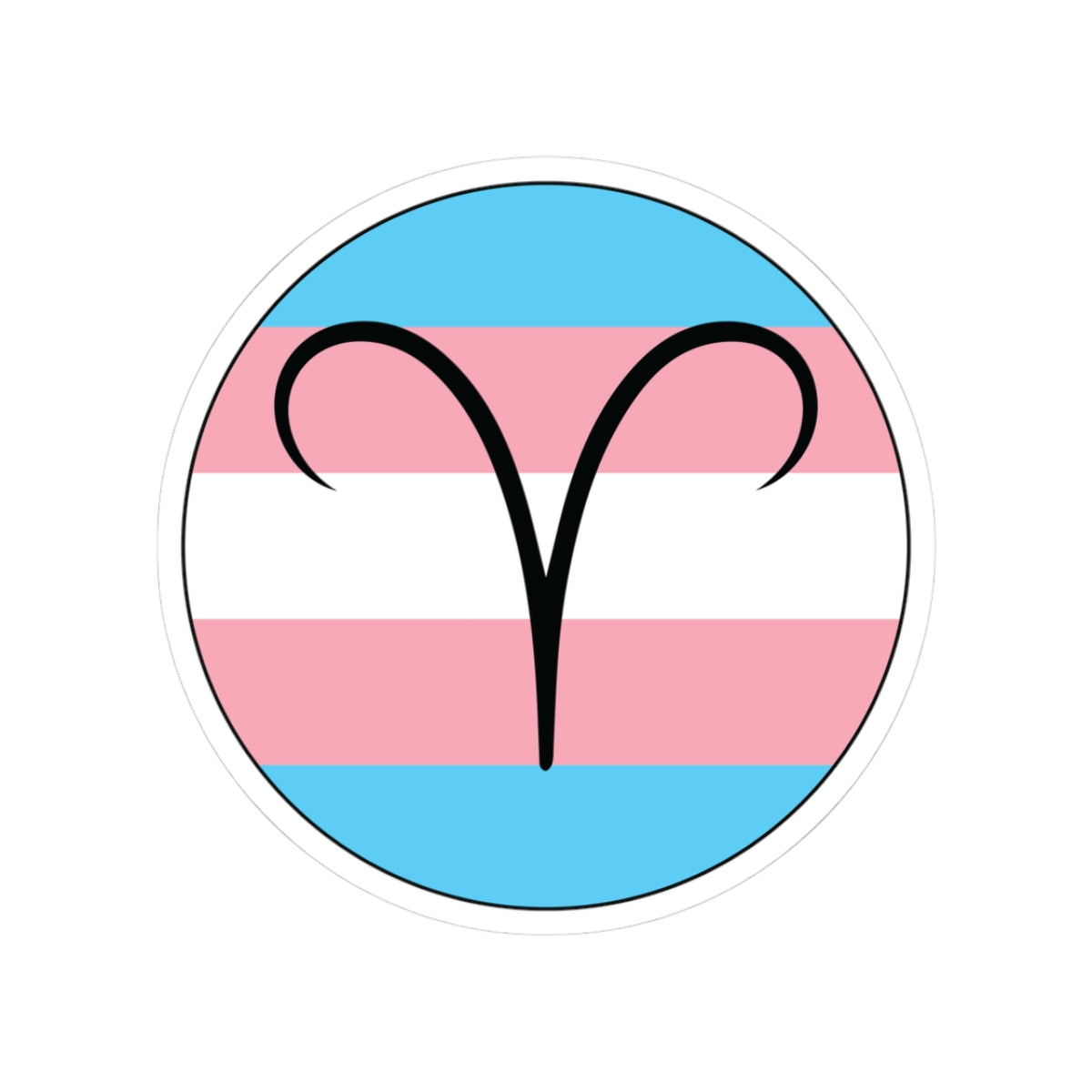 Circular transgender pride flag zodiac sticker with a thin black outline and white sticker border, featuring a centered black Aries zodiac glyph. The sticker is shown on a white background.