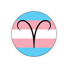 Circular transgender pride flag zodiac sticker with a thin black outline and white sticker border, featuring a centered black Aries zodiac glyph. The sticker is shown on a white background.
