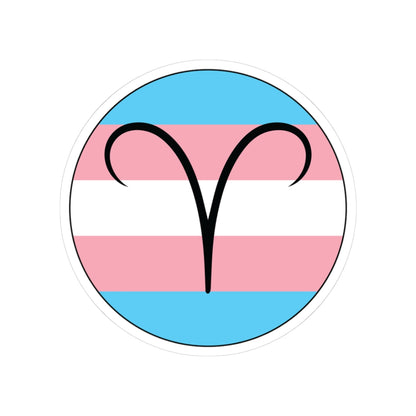Circular transgender pride flag zodiac sticker with a thin black outline and white sticker border, featuring a centered black Aries zodiac glyph. The sticker is shown on a white background.