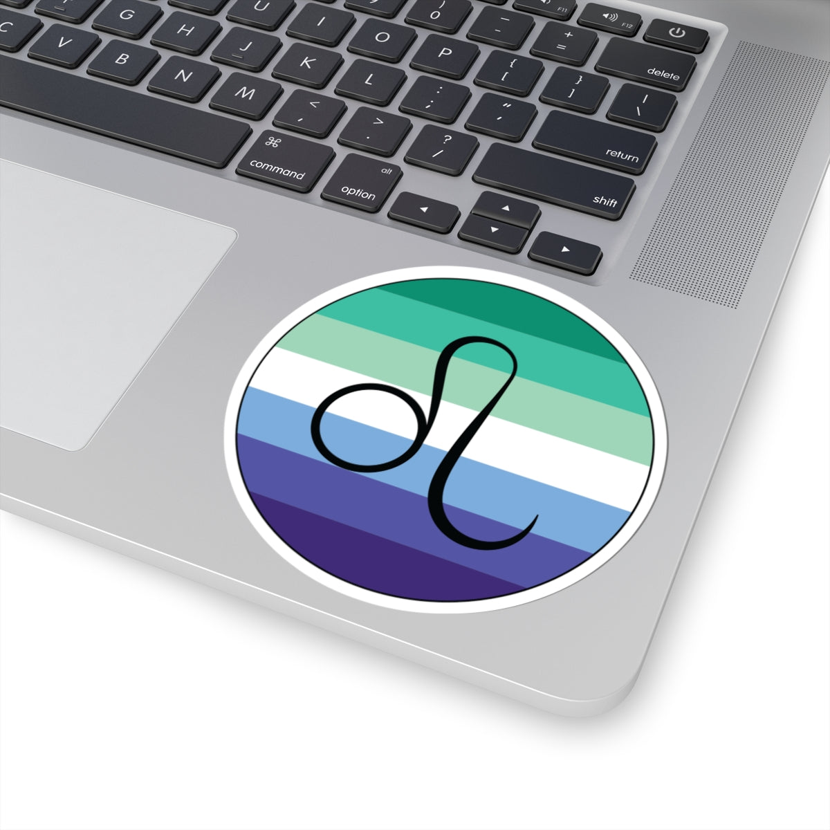 Close-up of the bottom right corner of a silver laptop featuring a 4 inch by 4 inch circular zodiac sticker with a centered Leo glyph on a Gay Men pride flag style background applied to the surface.