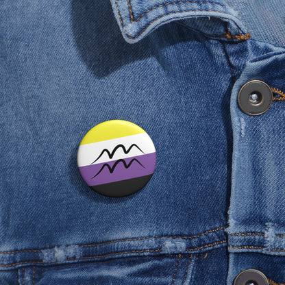 Close-up of a white circular pride button featuring the Aquarius zodiac glyph centered over a nonbinary pride flag background in yellow, white, purple, and black, attached to a blue denim jacket at the right chest with the button clearly visible.