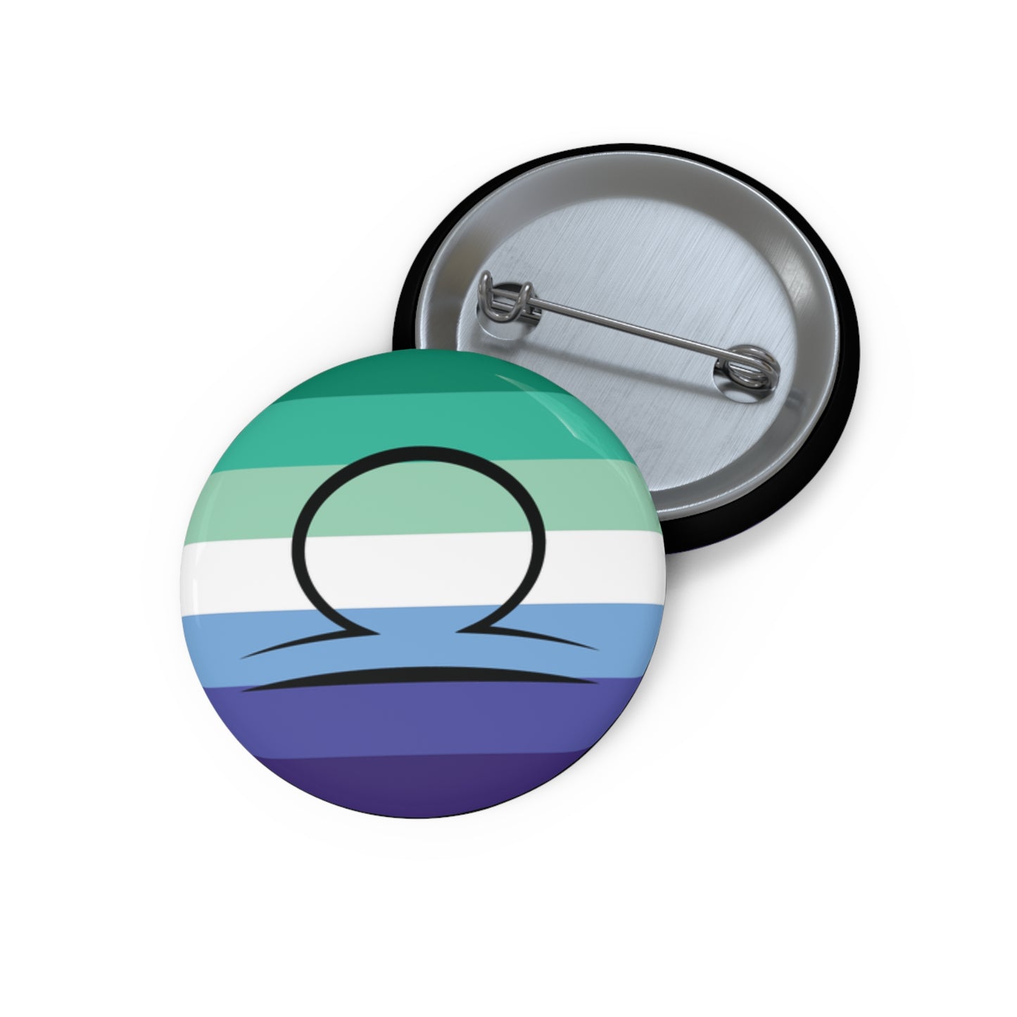Front and back view of a circular gay men pride flag button featuring the Libra zodiac symbol in black centered on the front.