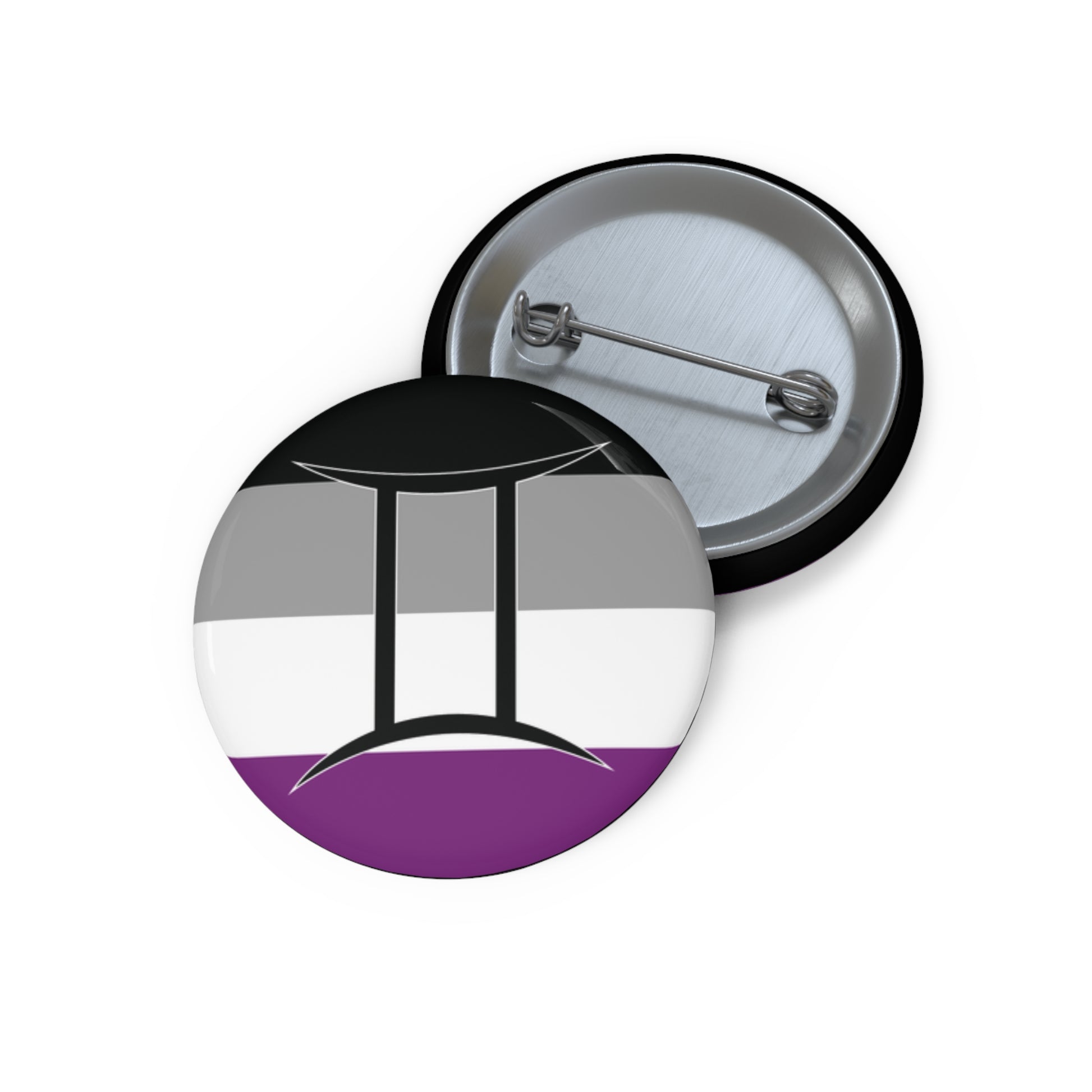 Front and back view of a circular asexual pride flag button featuring the Gemini zodiac symbol in black centered on the front.