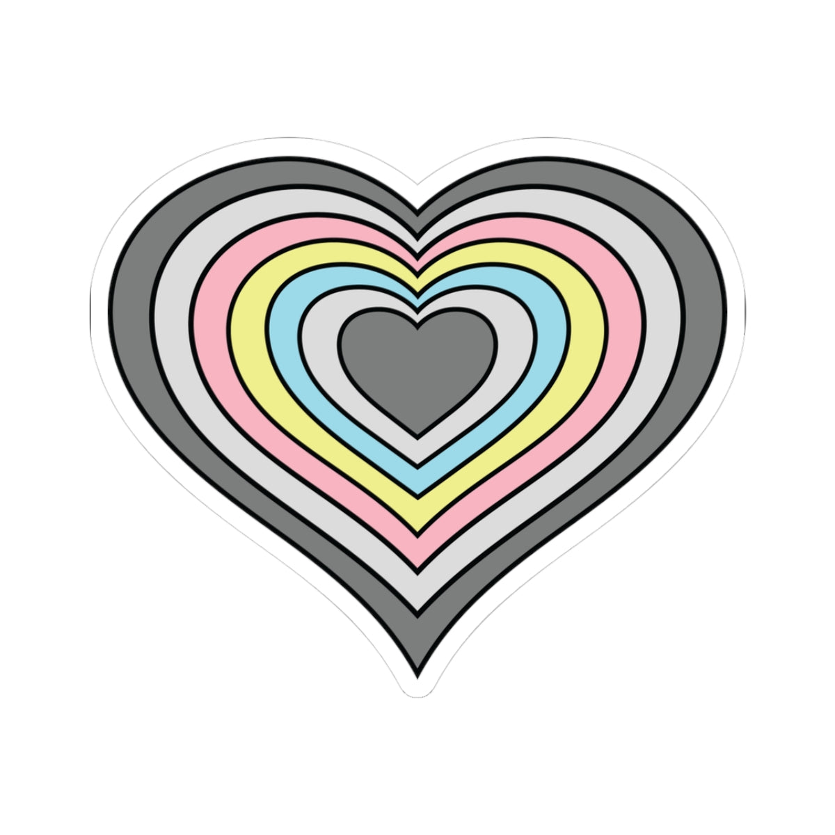 Heart-shaped demiflux pride flag sticker featuring nested heart stripes in dark gray, light gray, white, pink, yellow, and blue, outlined with a thin black border and a white sticker border. The sticker is shown on a white background.