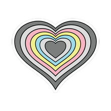 Heart-shaped demiflux pride flag sticker featuring nested heart stripes in dark gray, light gray, white, pink, yellow, and blue, outlined with a thin black border and a white sticker border. The sticker is shown on a white background.