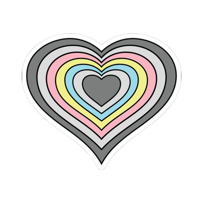 Heart-shaped demiflux pride flag sticker featuring nested heart stripes in dark gray, light gray, white, pink, yellow, and blue, outlined with a thin black border and a white sticker border. The sticker is shown on a white background.