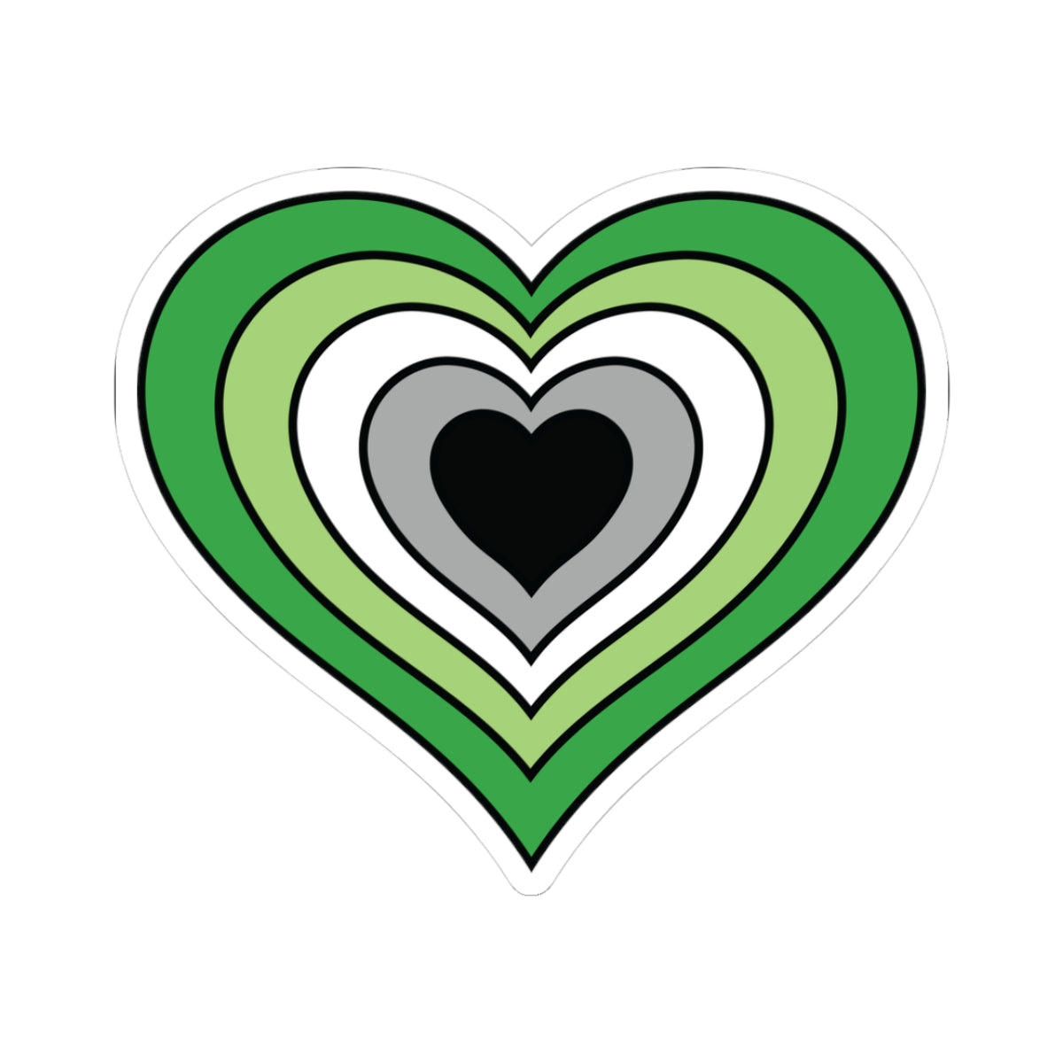 Heart-shaped aromantic pride flag sticker featuring nested heart stripes in dark green, light green, white, gray, and black, outlined with a thin black border and a white sticker border. The sticker is shown on a white background.