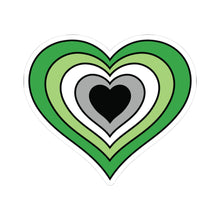 Heart-shaped aromantic pride flag sticker featuring nested heart stripes in dark green, light green, white, gray, and black, outlined with a thin black border and a white sticker border. The sticker is shown on a white background.
