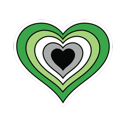 Heart-shaped aromantic pride flag sticker featuring nested heart stripes in dark green, light green, white, gray, and black, outlined with a thin black border and a white sticker border. The sticker is shown on a white background.