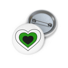 Front and back view of a white circular button with a heart-shaped neutrois flag image. The button is shown on a white background.