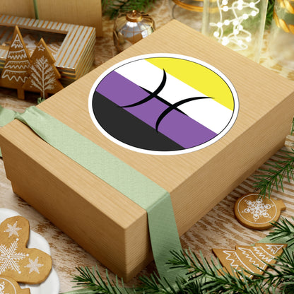 Gift box with a green ribbon on a festive background with cookies and Christmas decorations. Pisces Nonbinary pride sticker centered on the box.