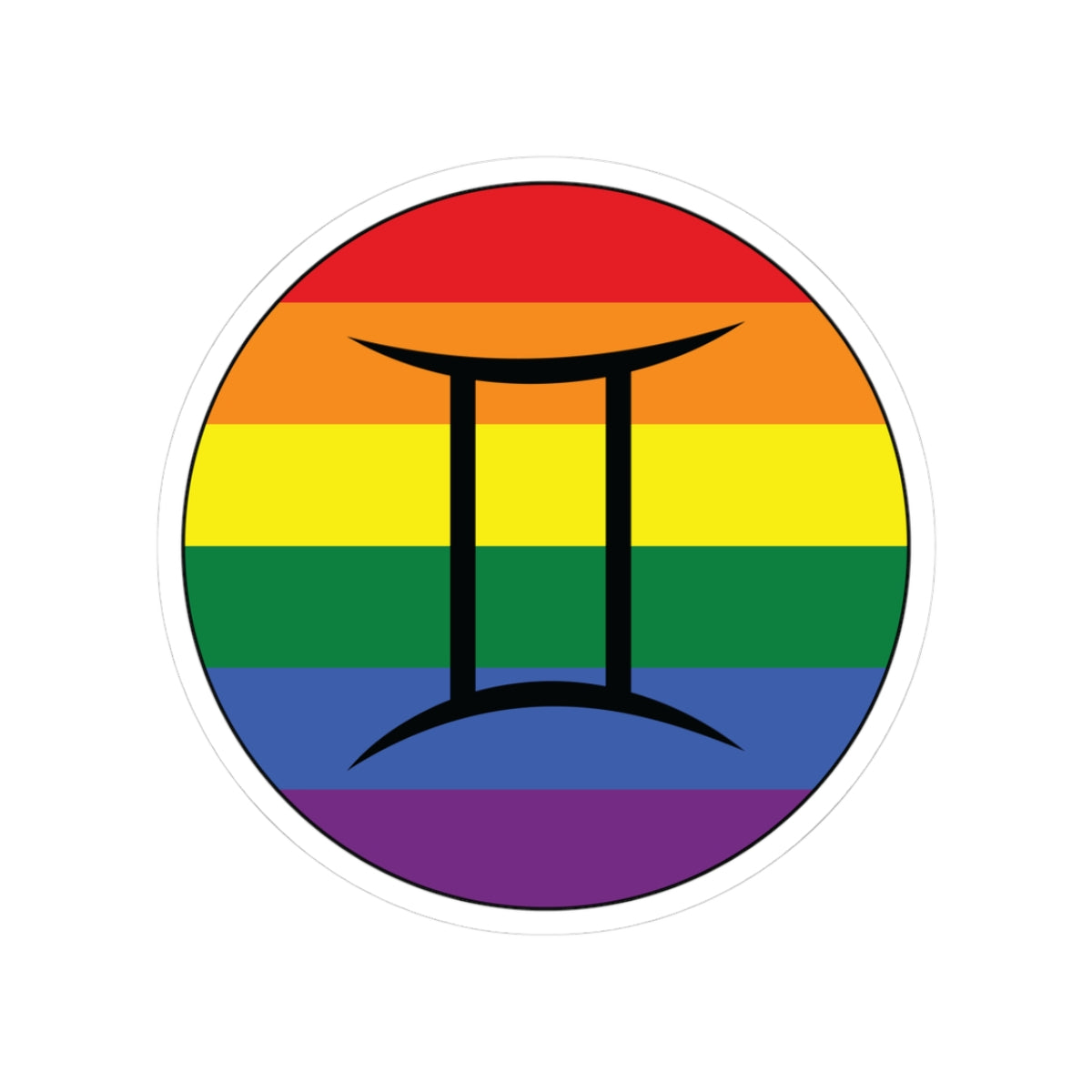 Circular rainbow pride flag zodiac sticker with a thin black outline and white sticker border, featuring a centered black Gemini zodiac glyph. The sticker is shown on a white background.