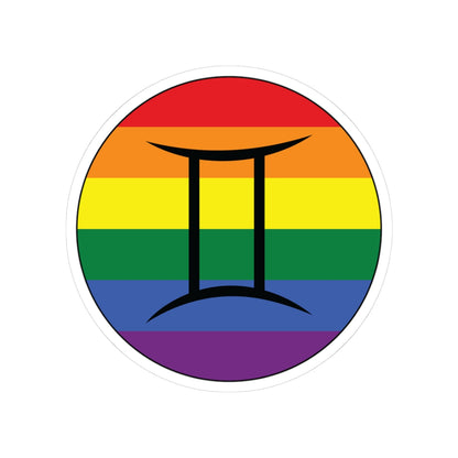 Circular rainbow pride flag zodiac sticker with a thin black outline and white sticker border, featuring a centered black Gemini zodiac glyph. The sticker is shown on a white background.