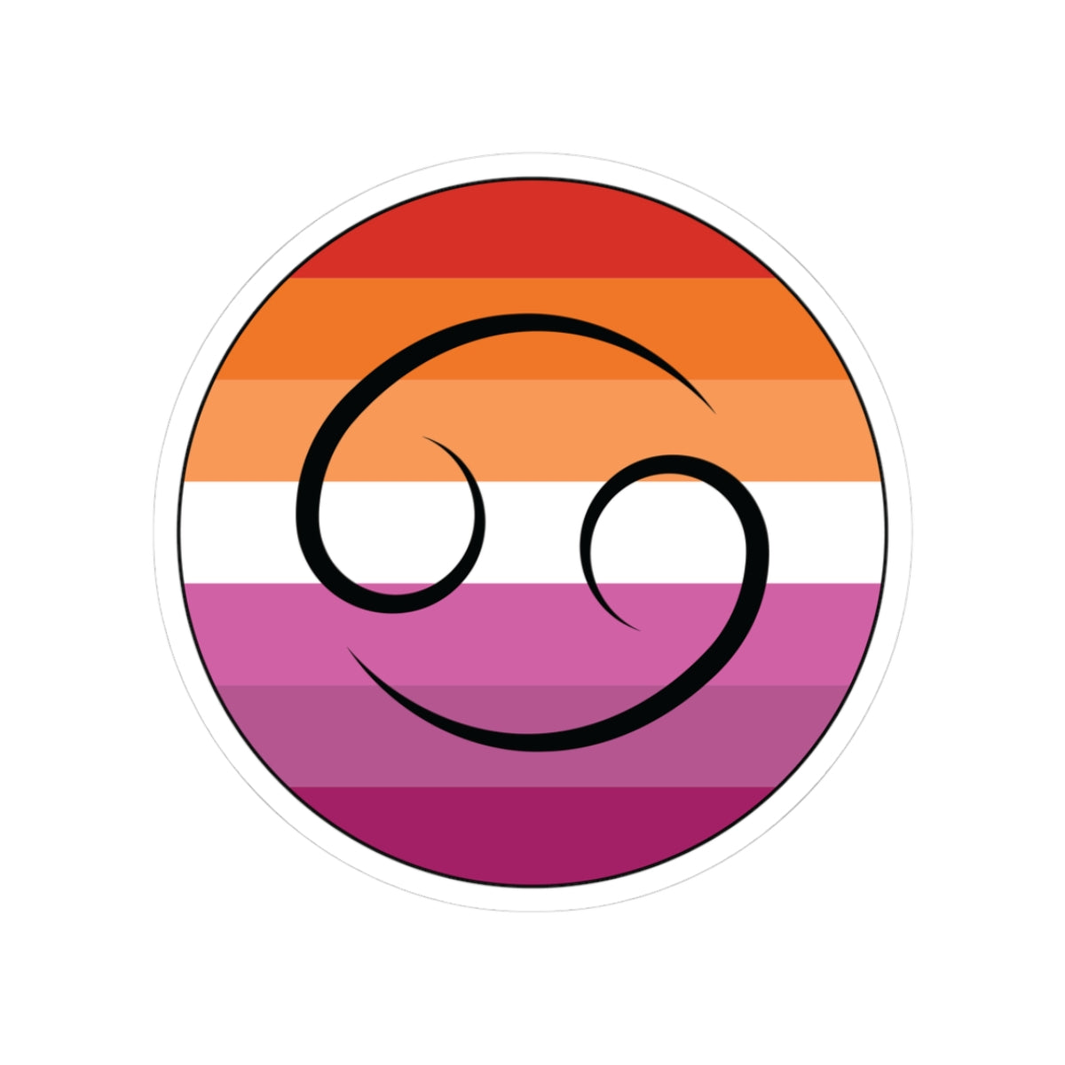 Circular lesbian pride flag zodiac sticker with a thin black outline and white sticker border, featuring a centered black Cancer zodiac glyph. The sticker is shown on a white background.