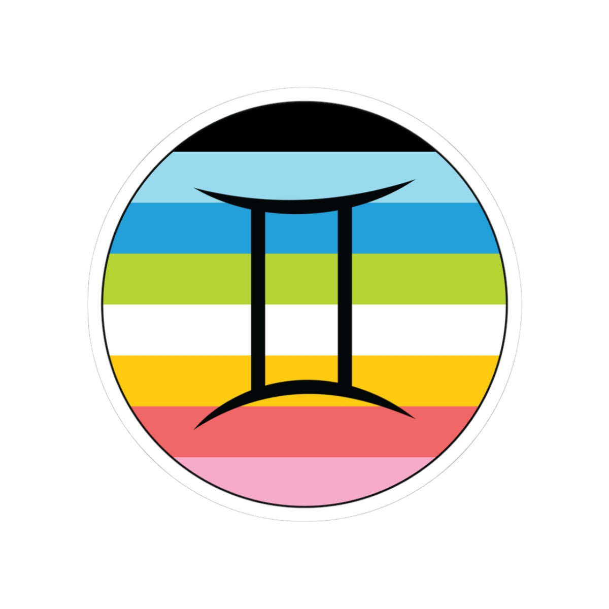 Circular queer pride flag zodiac sticker with a thin black outline and white sticker border, featuring a centered black Gemini zodiac glyph. The sticker is shown on a white background.