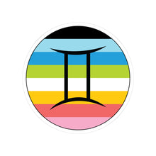 Circular queer pride flag zodiac sticker with a thin black outline and white sticker border, featuring a centered black Gemini zodiac glyph. The sticker is shown on a white background.