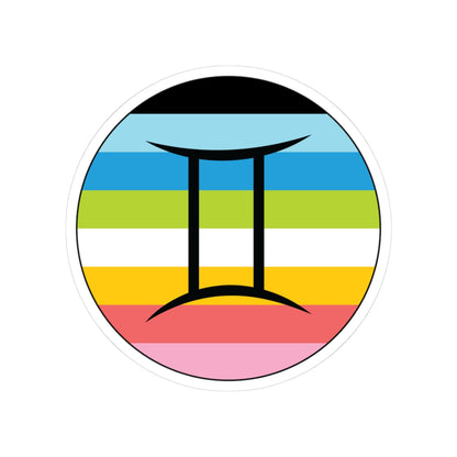Circular queer pride flag zodiac sticker with a thin black outline and white sticker border, featuring a centered black Gemini zodiac glyph. The sticker is shown on a white background.