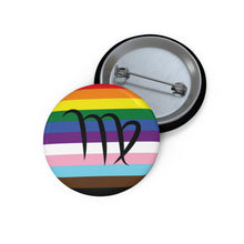Front and back view of a circular progress pride flag button featuring the Virgo zodiac symbol in black centered on the front.