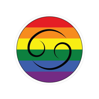 Circular rainbow pride flag zodiac sticker with a thin black outline and white sticker border, featuring a centered black Cancer zodiac glyph. The sticker is shown on a white background.