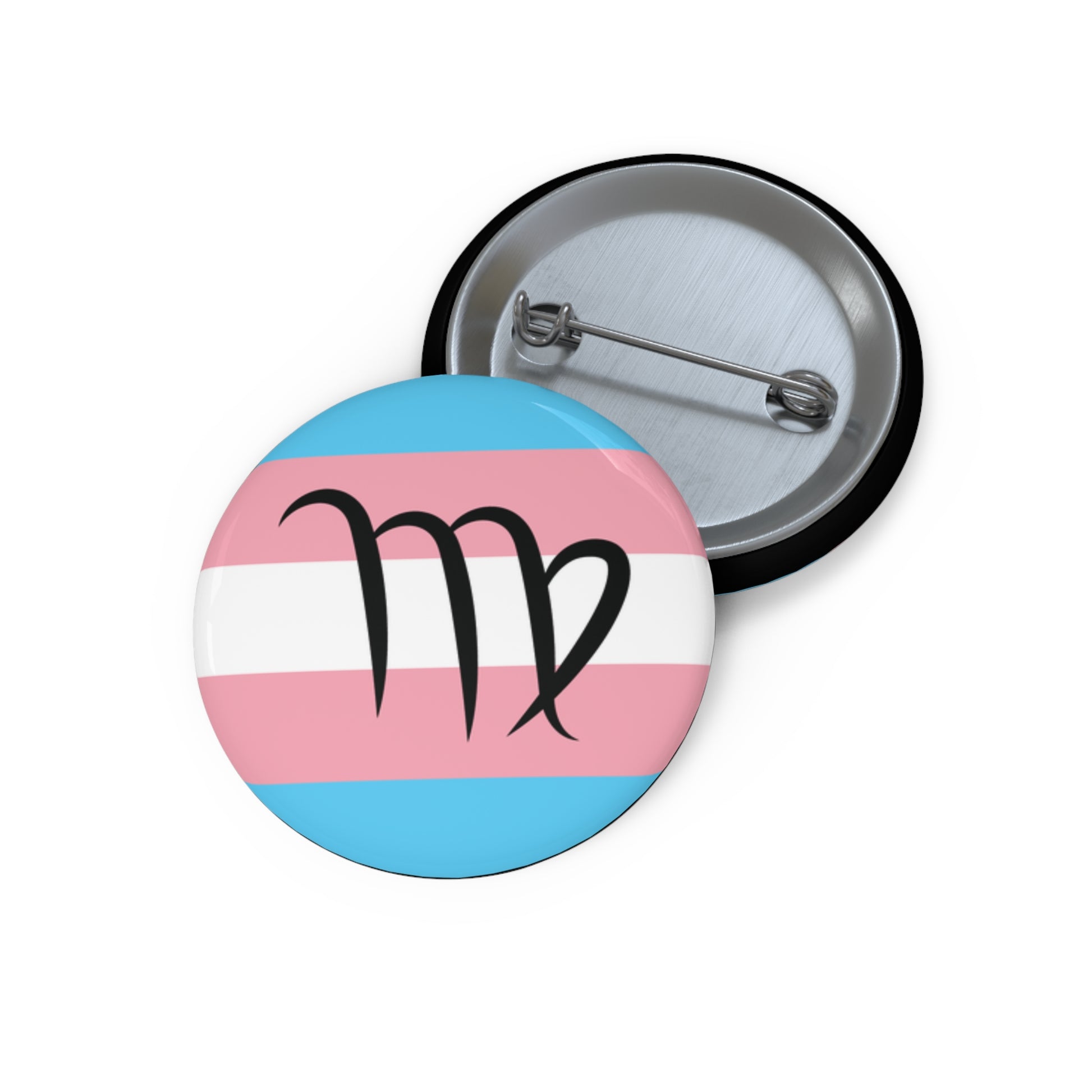 Front and back view of a circular transgender pride flag button featuring the Virgo zodiac symbol in black centered on the front.