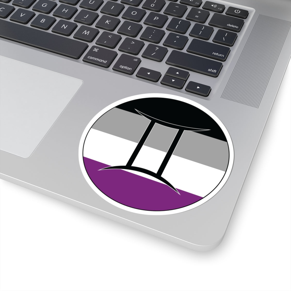 Close-up of the bottom right corner of a silver laptop featuring a 4 inch by 4 inch circular zodiac sticker with a centered Gemini glyph on an Asexual pride flag style background applied to the surface.