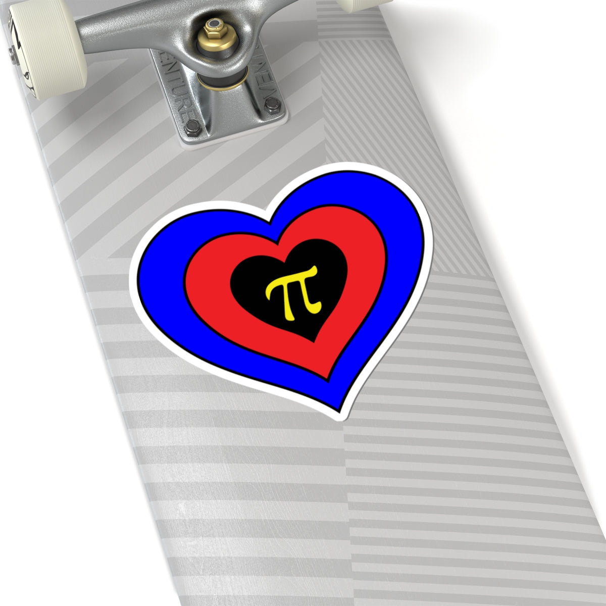 Close-up of the bottom of a silver skateboard featuring a 6 inch by 6 inch pride flag heart sticker in a Polyamory flag style applied to the surface.