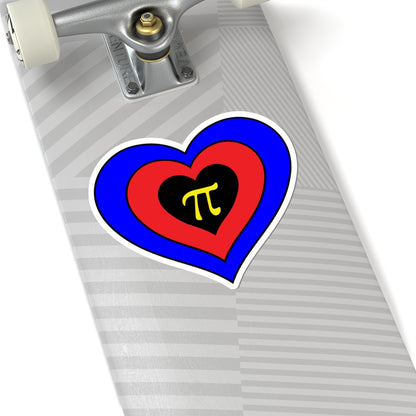 Close-up of the bottom of a silver skateboard featuring a 6 inch by 6 inch pride flag heart sticker in a Polyamory flag style applied to the surface.