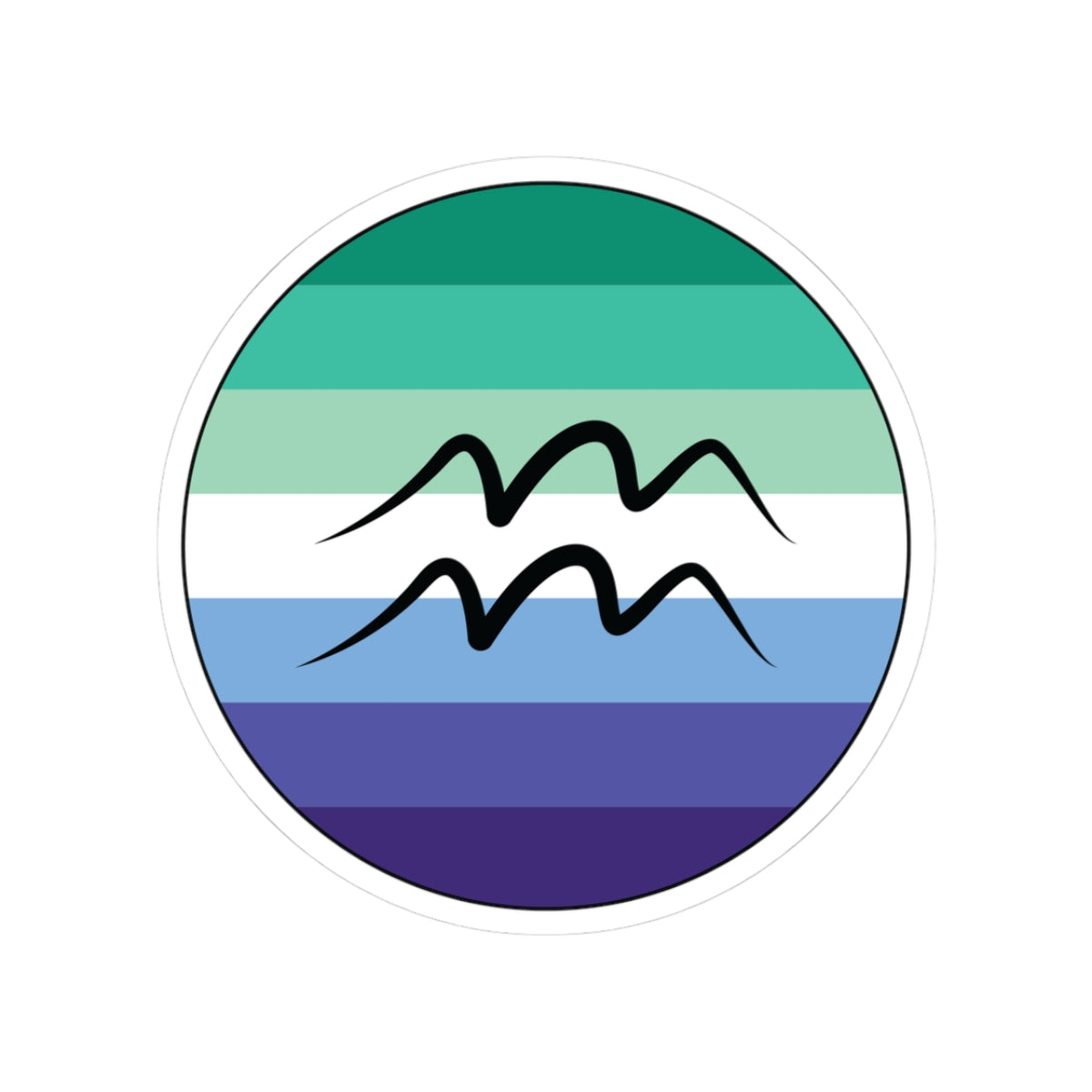 Circular gay men pride flag zodiac sticker with a thin black outline and white sticker border, featuring a centered black Aquarius zodiac glyph. The sticker is shown on a white background.