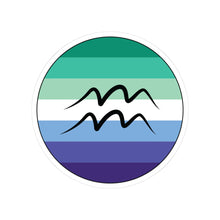 Circular gay men pride flag zodiac sticker with a thin black outline and white sticker border, featuring a centered black Aquarius zodiac glyph. The sticker is shown on a white background.
