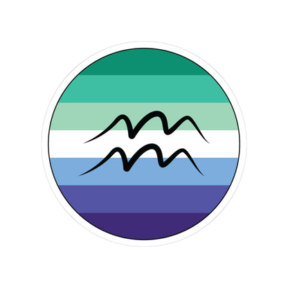 Circular gay men pride flag zodiac sticker with a thin black outline and white sticker border, featuring a centered black Aquarius zodiac glyph. The sticker is shown on a white background.