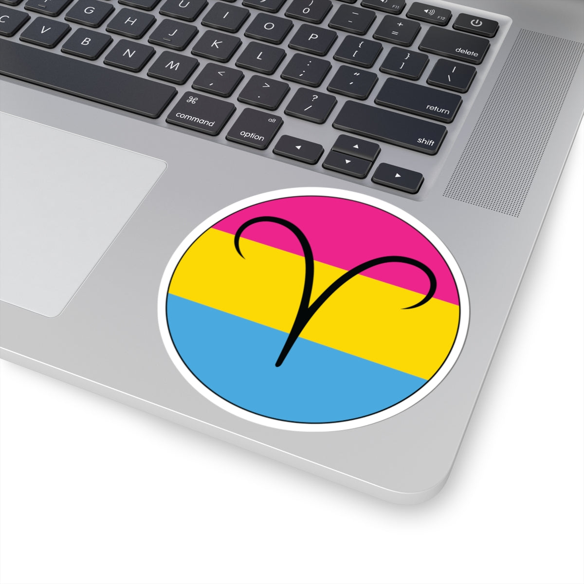 Close-up of the bottom right corner of a silver laptop featuring a 4 inch by 4 inch circular zodiac sticker with a centered Aires glyph on a Pansexual pride flag style background applied to the surface.