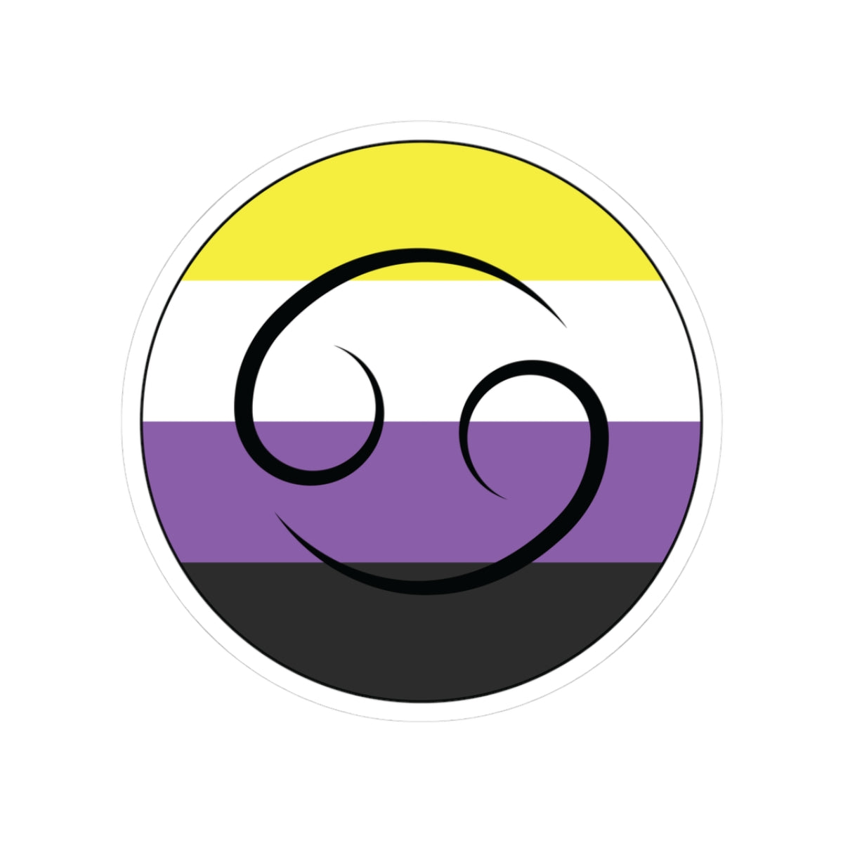 Circular nonbinary pride flag zodiac sticker with a thin black outline and white sticker border, featuring a centered black Cancer zodiac glyph. The sticker is shown on a white background.