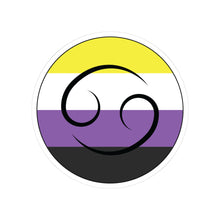 Circular nonbinary pride flag zodiac sticker with a thin black outline and white sticker border, featuring a centered black Cancer zodiac glyph. The sticker is shown on a white background.