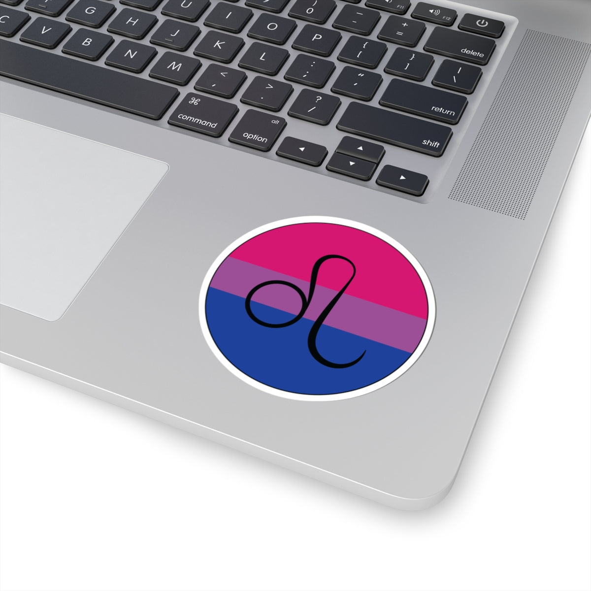 Close-up of the bottom right corner of a silver laptop featuring a 3 inch by 3 inch circular zodiac sticker with a centered Leo glyph on a Bisexual pride flag style background applied to the surface.