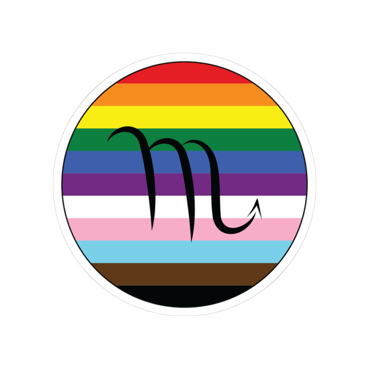 Circular progress pride flag zodiac sticker with a thin black outline and white sticker border, featuring a centered black Scorpio zodiac glyph. The sticker is shown on a white background.