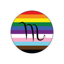 Circular progress pride flag zodiac sticker with a thin black outline and white sticker border, featuring a centered black Scorpio zodiac glyph. The sticker is shown on a white background.