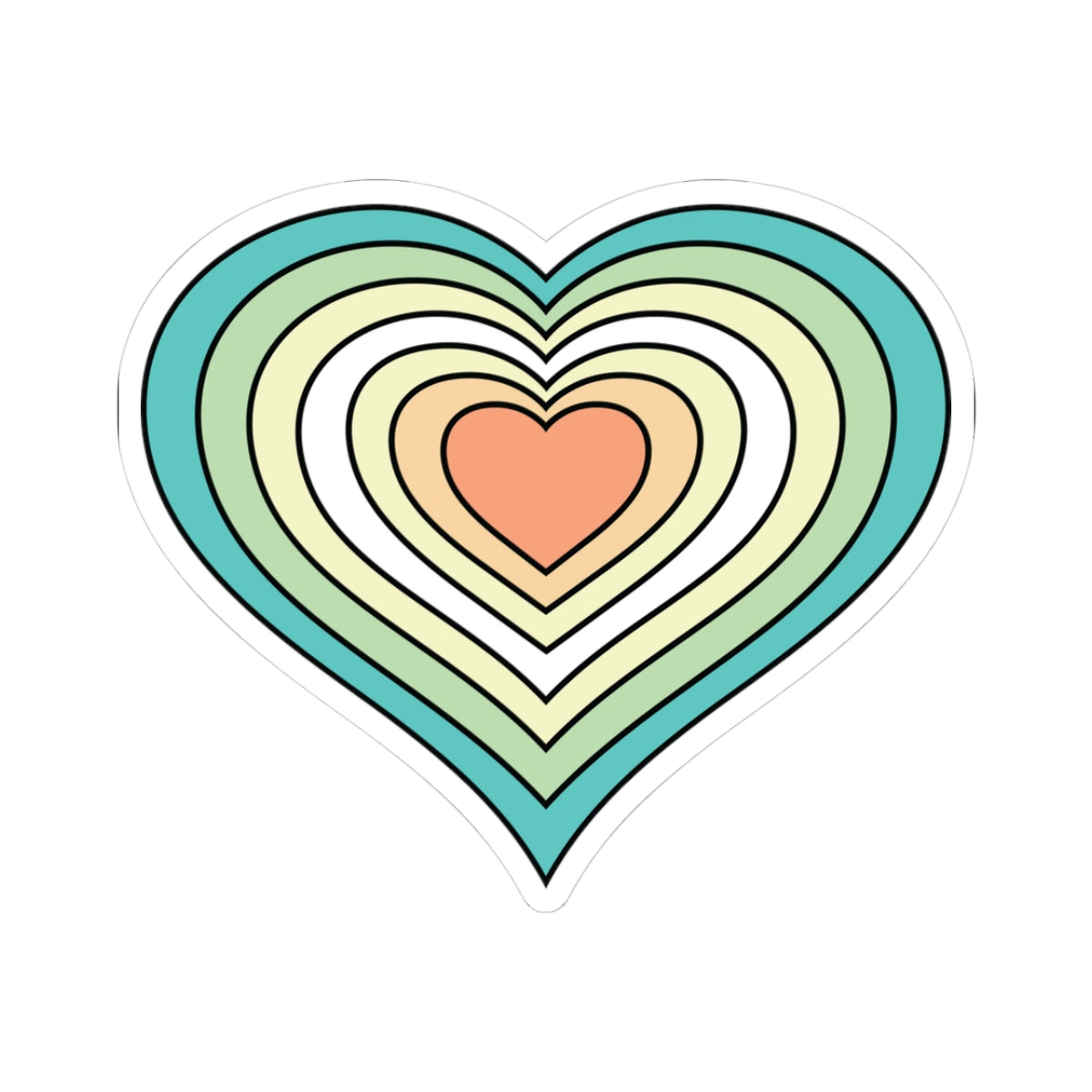 Heart-shaped genderfloren pride flag sticker featuring nested heart stripes in teal, green, light green, white, light green, yellow, and orange, outlined with a thin black border and a white sticker border. The sticker is shown on a white background.