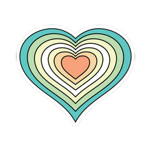 Heart-shaped genderfloren pride flag sticker featuring nested heart stripes in teal, green, light green, white, light green, yellow, and orange, outlined with a thin black border and a white sticker border. The sticker is shown on a white background.