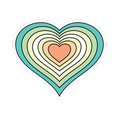 Heart-shaped genderfloren pride flag sticker featuring nested heart stripes in teal, green, light green, white, light green, yellow, and orange, outlined with a thin black border and a white sticker border. The sticker is shown on a white background.