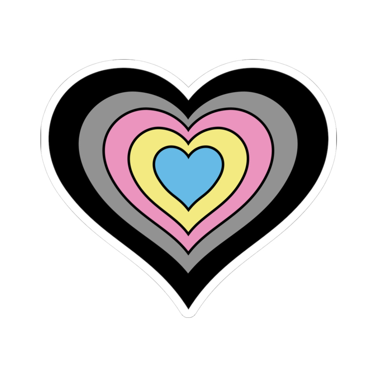 Heart-shaped polygender pride flag sticker featuring nested heart stripes in black, grey, pink, yellow, and blue outlined with a thin black border and a white sticker border. The sticker is shown on a white background.