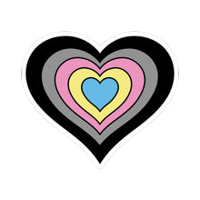 Heart-shaped polygender pride flag sticker featuring nested heart stripes in black, grey, pink, yellow, and blue outlined with a thin black border and a white sticker border. The sticker is shown on a white background.