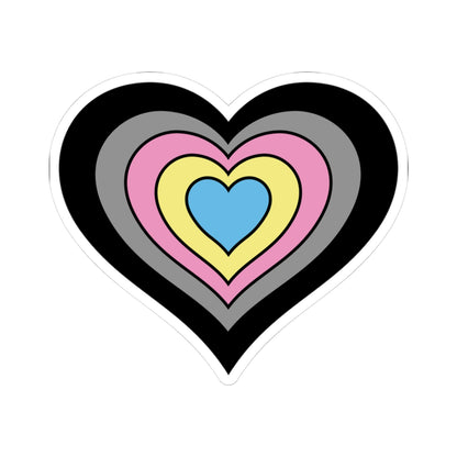 Heart-shaped polygender pride flag sticker featuring nested heart stripes in black, grey, pink, yellow, and blue outlined with a thin black border and a white sticker border. The sticker is shown on a white background.